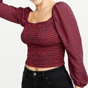 Blue & Red Checkered Long-sleeve Crop Top
